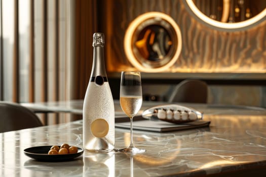 A bottle of champagne and a glass of champagne on a table.