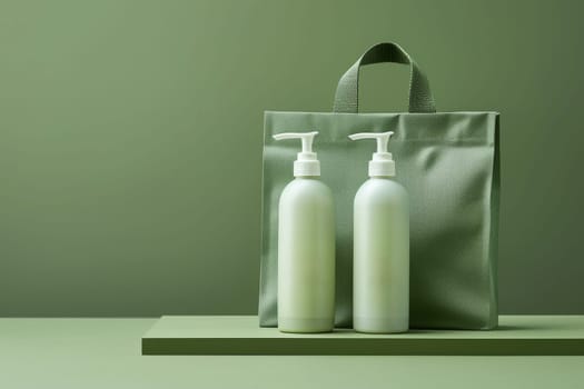 Two bottles of shampoo and conditioner are displayed in a green bag. Concept of freshness and cleanliness, as the products are typically used for personal hygiene