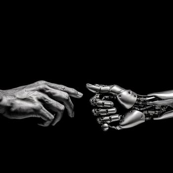Two robotic hands are depicted touching each other, illustrating concepts such as collaboration, technology, robotics, or artificial intelligence.