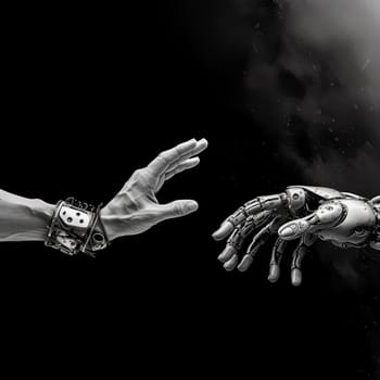 Two robotic hands are depicted touching each other, illustrating concepts such as collaboration, technology, robotics, or artificial intelligence.