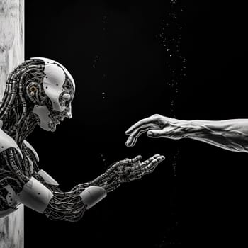 A robot is reaching out to a human hand. The robot is made of metal and has a human-like face. The scene is set in a dark room, with the robot