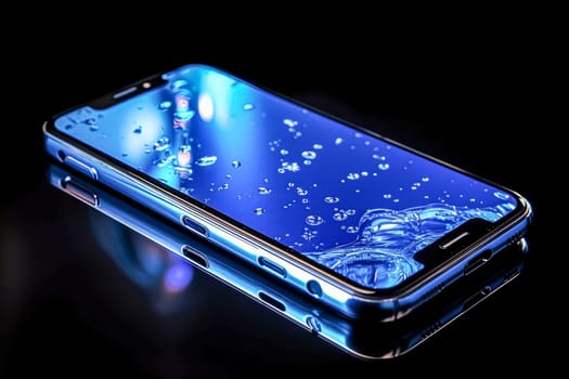 A phone with a blue screen and water droplets on it. The water droplets are reflecting the phone's screen, creating a unique and interesting visual effect