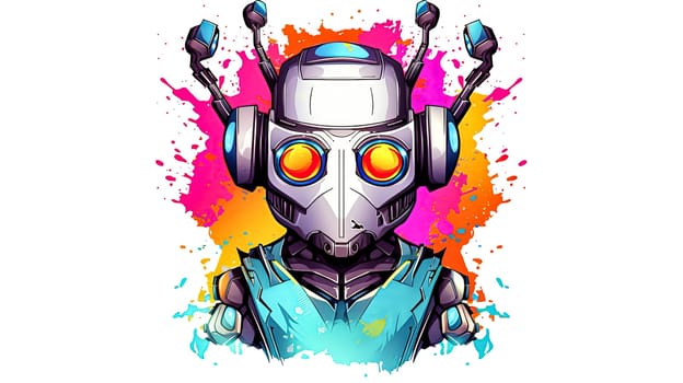 A colorful robot with a big smile on its face. The robot is surrounded by splatters of paint, giving it a playful and whimsical appearance
