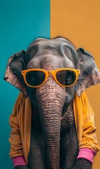 An elephant with a grey headgear on its head is wearing sunglasses and a yellow jacket, showcasing the importance of vision care for all creatures