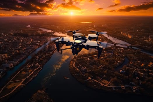 A futuristic drone is flying over a body of water with a beautiful sunset in the background. The drone is surrounded by a group of smaller drones, creating a sense of unity and teamwork