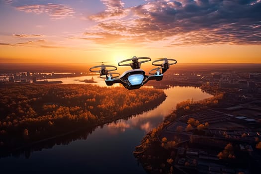 A futuristic drone is flying over a body of water with a beautiful sunset in the background. The drone is surrounded by a group of smaller drones, creating a sense of unity and teamwork