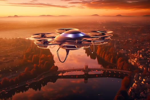 A futuristic drone is flying over a body of water with a beautiful sunset in the background. The drone is surrounded by a group of smaller drones, creating a sense of unity and teamwork