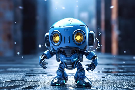 A robot is standing on a wet street. The robot is blue and yellow