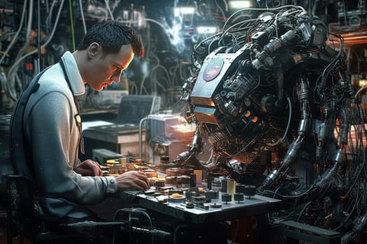A man is working on a robot in a lab. The robot is made of wires and has a red square on its chest. Scene is futuristic and technological