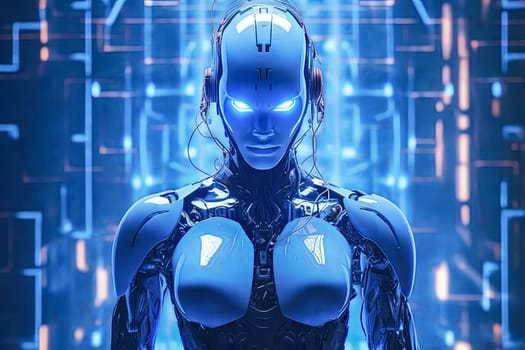 A female robot model poses against a vibrant blue background, embodying futuristic technology and innovation.