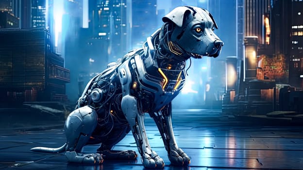 A dog with a robotic face is standing in front of a cityscape. The dog's face is made of metal and has a blue eye. The cityscape is filled with neon lights and has a futuristic feel to it