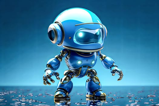 A robot is standing on a wet street. The robot is blue and yellow