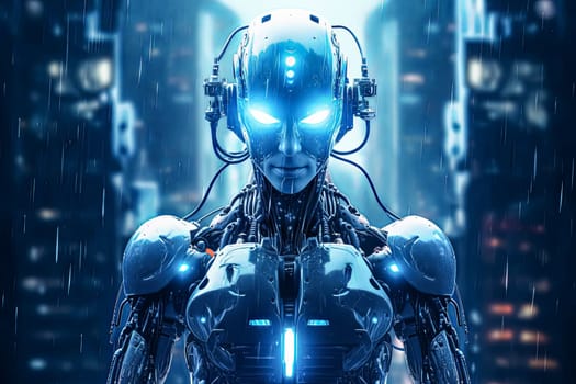 On a blue futuristic background, a cyborg person is depicted, showcasing the synthesis of human and technology, futuristic progress, or science fiction.
