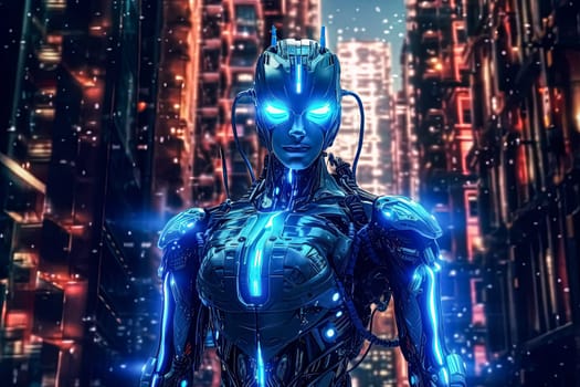 A female robot model poses against a vibrant blue background, embodying futuristic technology and innovation.