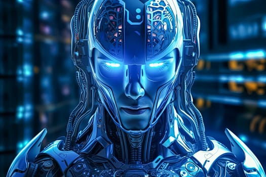 On a blue futuristic background, a cyborg person is depicted, showcasing the synthesis of human and technology, futuristic progress, or science fiction.