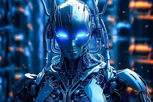 A female robot model poses against a vibrant blue background, embodying futuristic technology and innovation.