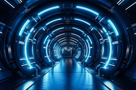 A long, narrow tunnel with blue lights shining on the walls. The tunnel is empty and he is a futuristic space