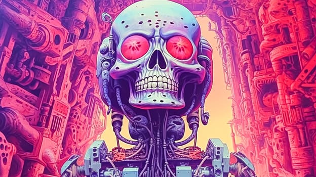 A skull with red eyes is standing in front of a building. The skull is surrounded by wires and has a robotic appearance. The image has a futuristic and eerie vibe