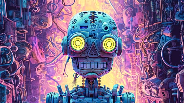 A skull with red eyes is standing in front of a building. The skull is surrounded by wires and has a robotic appearance. The image has a futuristic and eerie vibe
