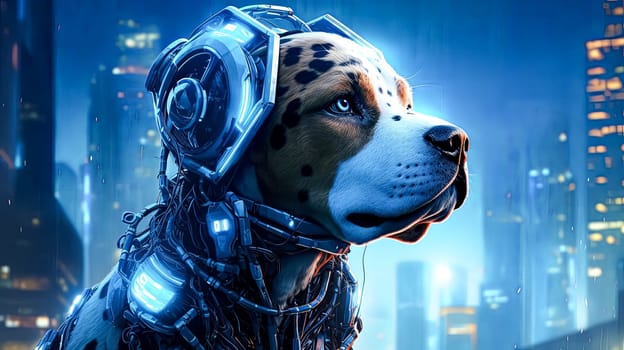 A dog with a robotic face is standing in front of a cityscape. The dog's face is made of metal and has a blue eye. The cityscape is filled with neon lights and has a futuristic feel to it