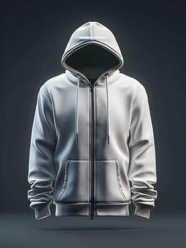 A white hoodie with a contrasting black hood is suspended in midair, showcasing a stylish combination of colors in this unique outerwear piece