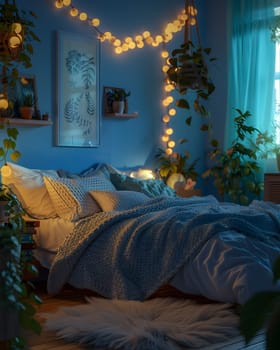 An interior design with a bed near a window showcasing nature views. A string of lights hanging from the Azure ceiling adds warmth to the wooden decor