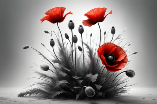 Blooming red poppies on an abstract black and white background .