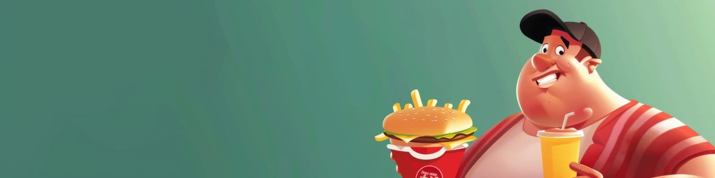 Fatty man on right side enjoying fast food isolated on green pastel background, obesity concept