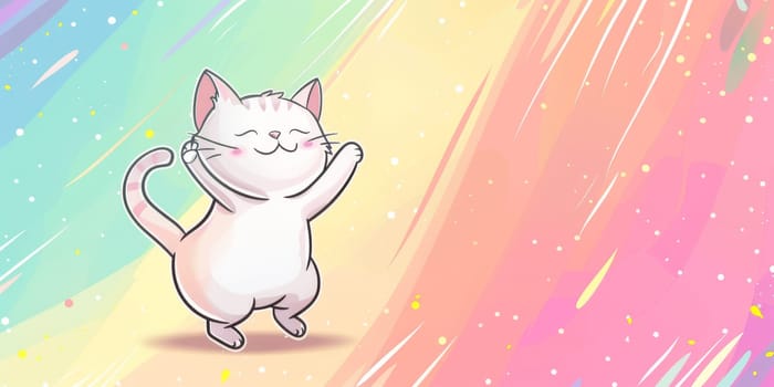 Cartoon kitty on the left side dancing on pastel colorful background