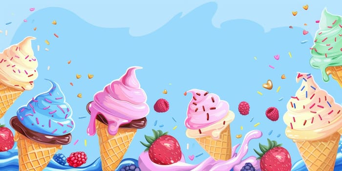 Kind of an ice cream with fruit isolated on bright blue background with copy space