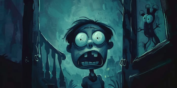 Spooky and scary zombie kid inside ruin of a house, a fear of the dark concept