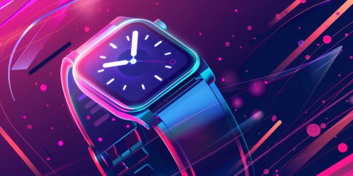 Detail to cartoon smart watch with an abstract pink and purple effects around