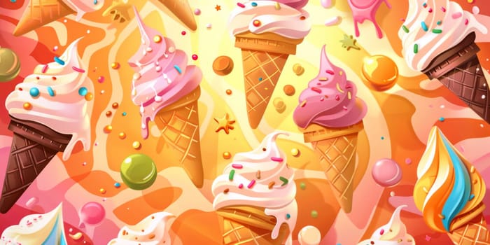 Different kind of an ice cream with cone as background or texture