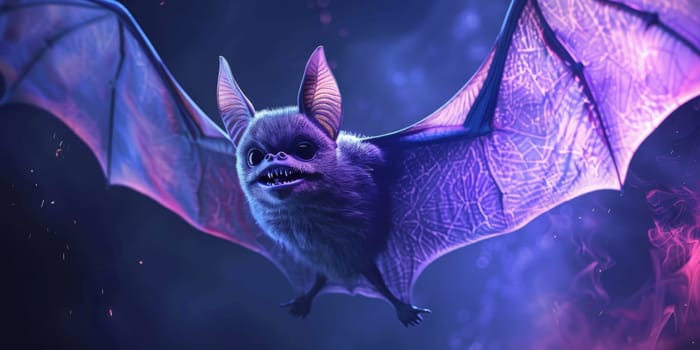 Portrait of a flying bat isolated on dark blue and purple background