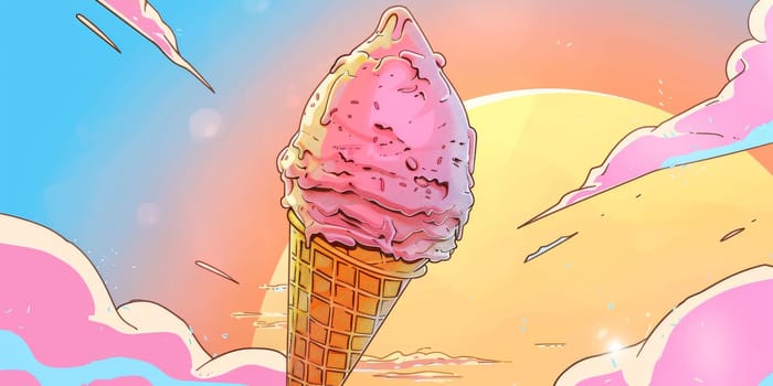 Detail to cartoon ice cream cone during sunset on colorful pastel background
