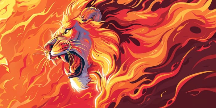 Angry, fiery portrait of a lion isolated on the molten red and orange background