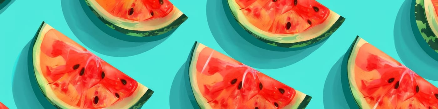 Top view to slices of a red melon isolated on bright teal background, fruit food concept