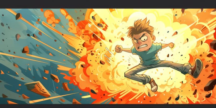 Unstoppable kid with an explosion effect on the background