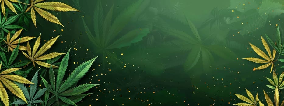 Cartoon marijuana on left side on the abstract green and gold background with copy space