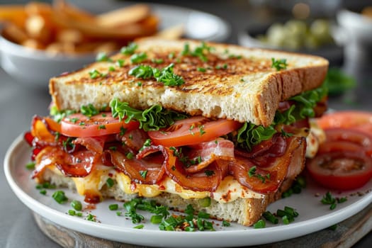 Classic BLT club sandwich close-up shot on a plate.