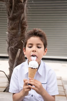 Cute child boy with a dirty face eats ice cream, the child enjoys dessert on a walk in the park, High quality photo