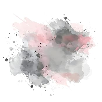 A watercolor splash in gray and pink hues creates a beautiful contrast on a white background. The circular shape mimics the fluidity of water and artistry, like a delicate bloom on fertile soil