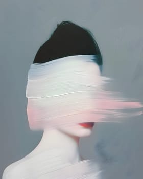 An artistic photo of a womans face, wearing a headgear with a bandage on her jaw. The image captures a blend of fashion and artistry, evoking a sense of mystery and intrigue