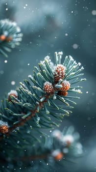 Freshly fallen snow on a pine branch, representing winter's purity and calm.