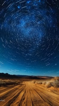 Stars trailing in the night sky over a silent desert, illustrating the passage of time.