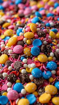 Macro shot of colorful sprinkles on a white background, creating a playful and vibrant texture.