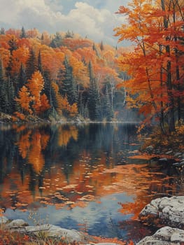 Reflections of autumn trees in a crystal-clear lake, creating a mirror image of nature's palette.