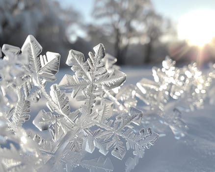 Close-up of intricate ice patterns on a window, illustrating winter's artistry.