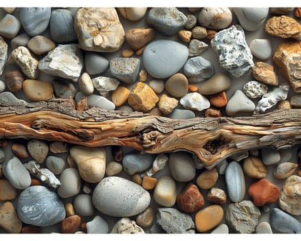 The contrasting textures of smooth pebbles and rough driftwood on a beach, showcasing natural diversity.