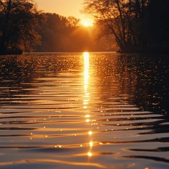 Golden sunlight on a tranquil lake, ideal for peaceful and reflective design themes.